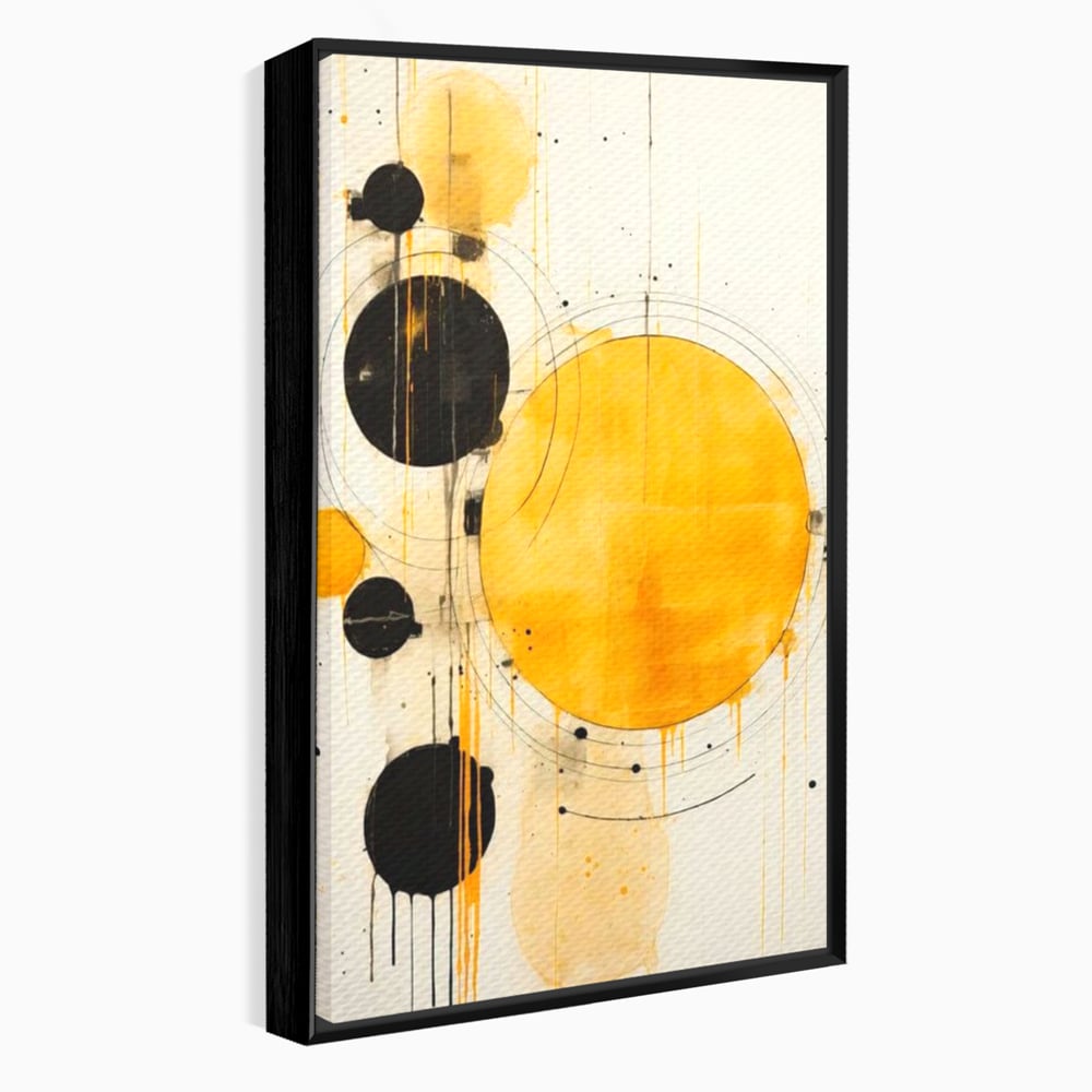 Tablou canvas cu tablou canvas cu cercuri galbene si negre, in rama de aluminiu negru